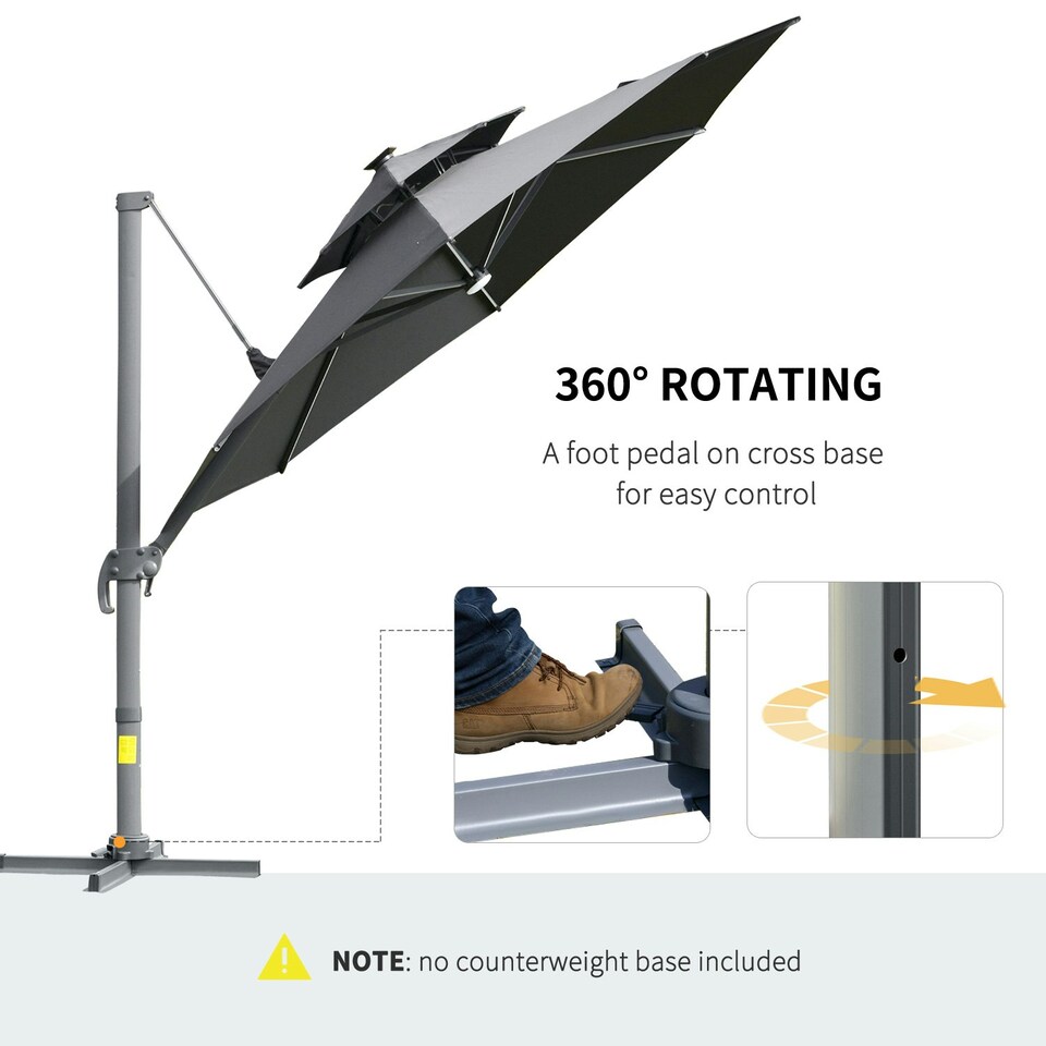 image 1 of Outsunny 3m Cantilever Parasol Solar Lights Power Bank Base 360° Spin Dark Grey