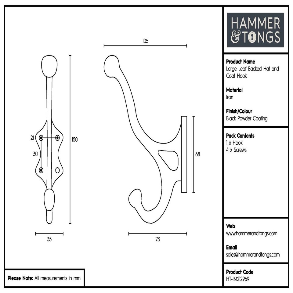 image 1 of Hammer & Tongs Leaf Backed Hat & Coat Hook - W35mm x H150mm - Black
