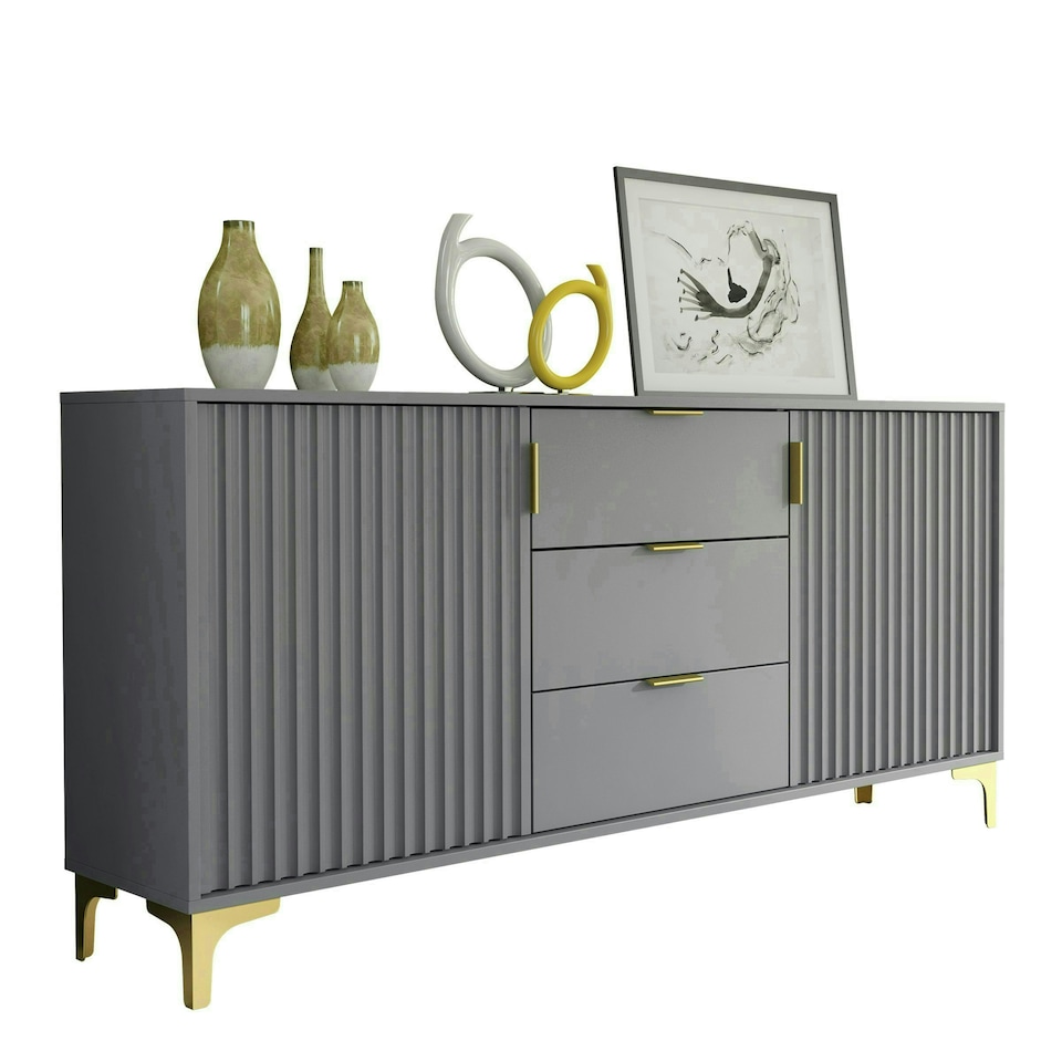 image 1 of Bold sideboard 140cm grey ribbed fronts gold accents | Grey