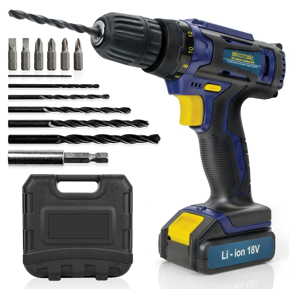 image 1 of Skotek 18V Cordless Drill & 13 Piece Screwdriver Set Including Battery, Charger & Carry Case