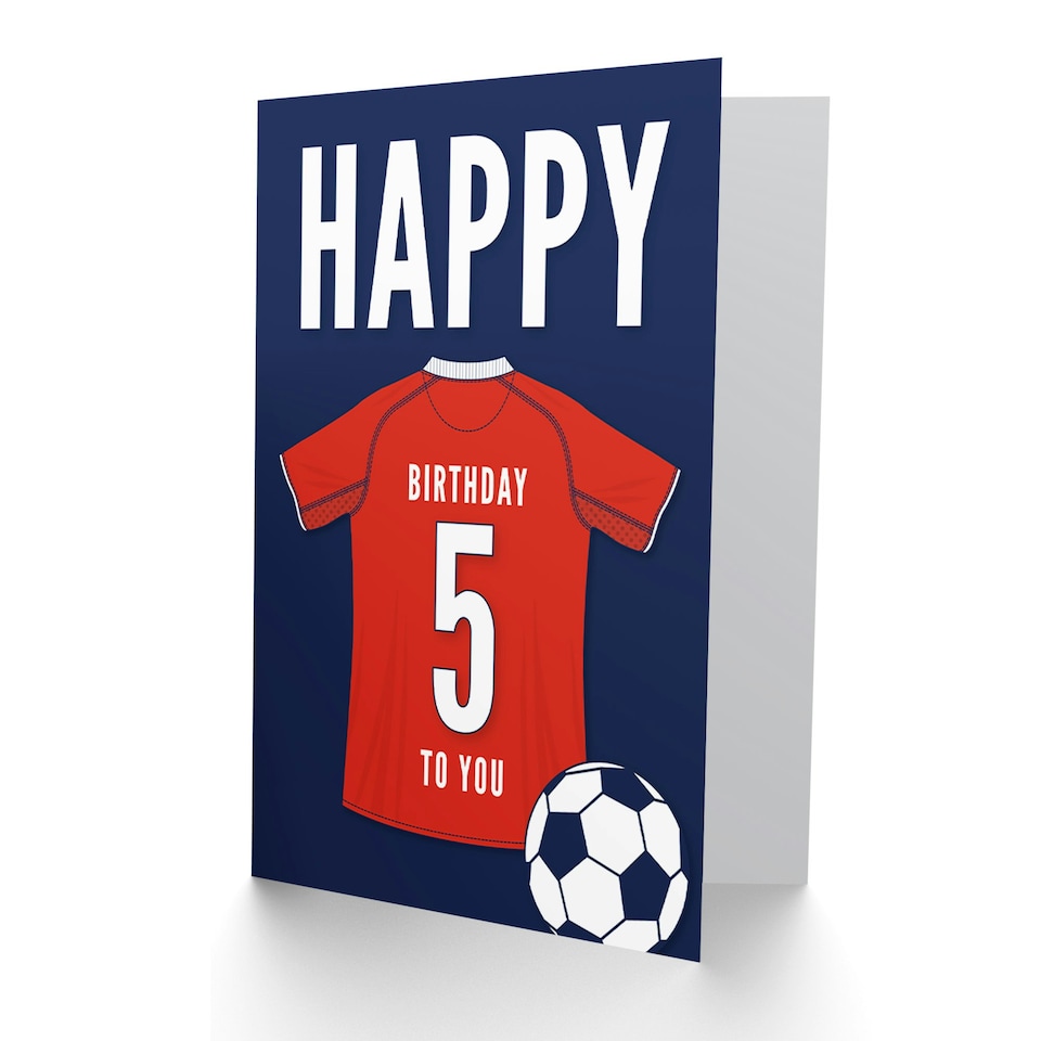 image 1 of Football Strip Kit Red Jersey Top On 5 Year Old Child Kids 5th Birthday Card