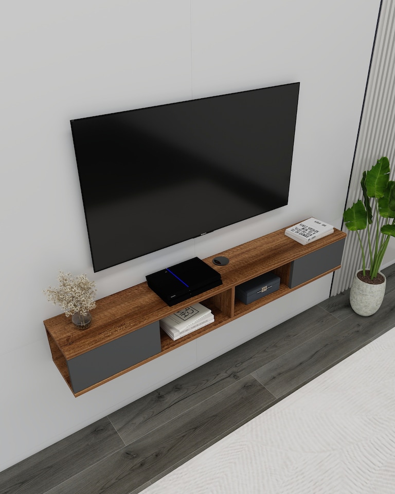 image 1 of Mayer Floating TV Stand with Shelves and Cabinets | Multi | Light Walnut & Anthracite | One Size | 1