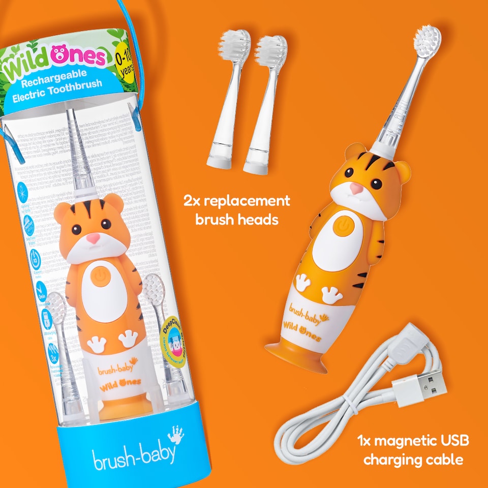 image 1 of Brush Baby WildOnes Tiger Kids Electric Rechargeable Toothbrush
