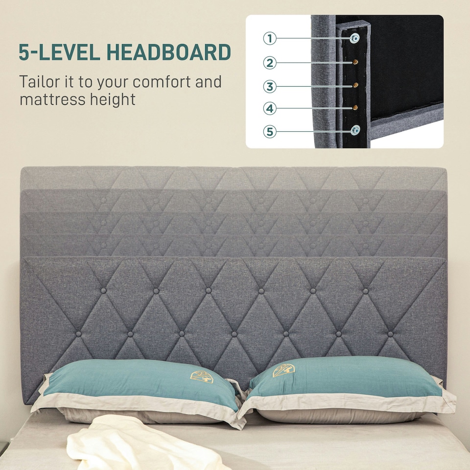 image 1 of HOMCOM Double Bed Frame with 5-Level Adjustable Linen Headboard
