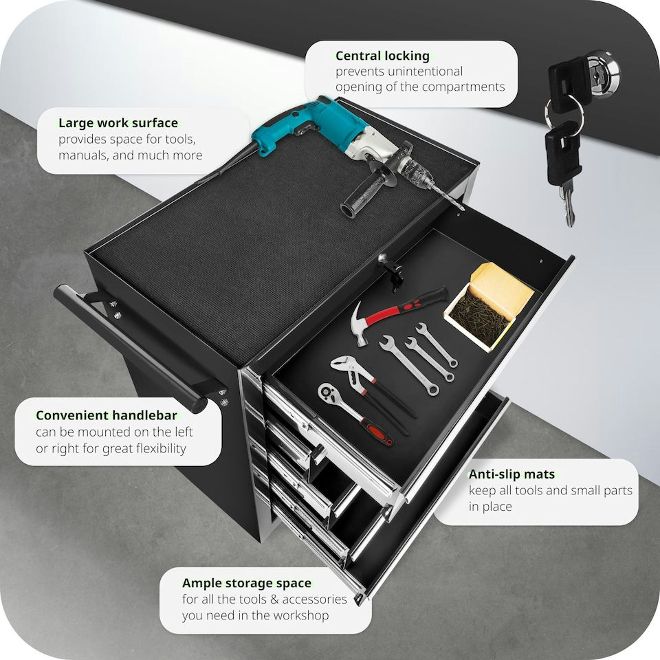 image 1 of Tool Chest - with wheels, 5 drawers, central locking system Black | Black