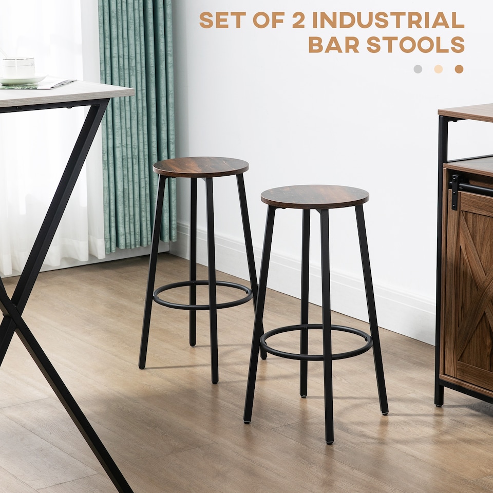 image 1 of HOMCOM Bar Stools, Set of 2 Kitchen Breakfast Stools with Sturdy Steel Frame, Industrial Tall Bar Chairs, 65cm High Seat, Rustic Brown