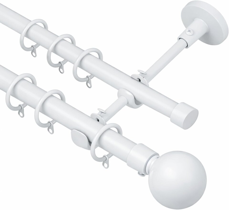 image 1 of Lister Cartwright Double Curtain Extendable Pole Set with White Ball Finials- 19mm & 28mm Metal Poles(70- 120 cm)