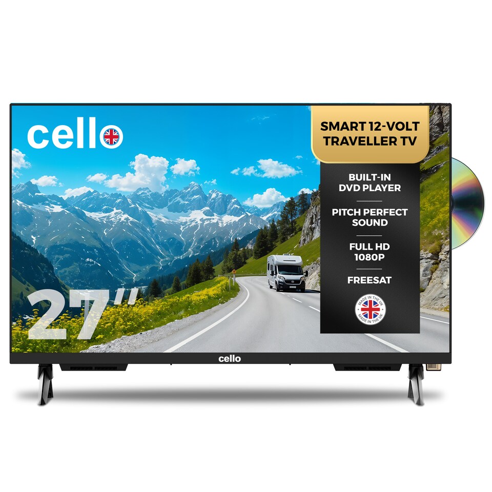image 1 of Cello C2725WSF 27 inch 12V Smart Traveller TV with DVD, WebOS, Freeview Play, Perfect Pitch Sound, Ideal for Caravans & Motorhomes, Made in the UK – 2025 Model