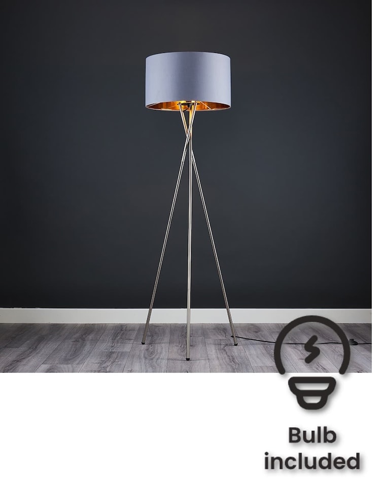 image 1 of ValueLights Camden Brushed Chrome Tripod Floor Lamp Grey Gold Shade and Bulb