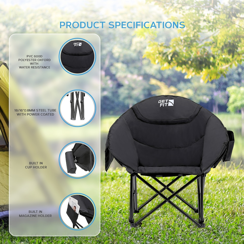 image 1 of Get Fit Moon Camping Chair - Portable Outdoor Premium Folding Chair With Magazine Pocket, Cup Holder & Carry Bag - Capacity 130Kg - 2 Pack | Black | 2