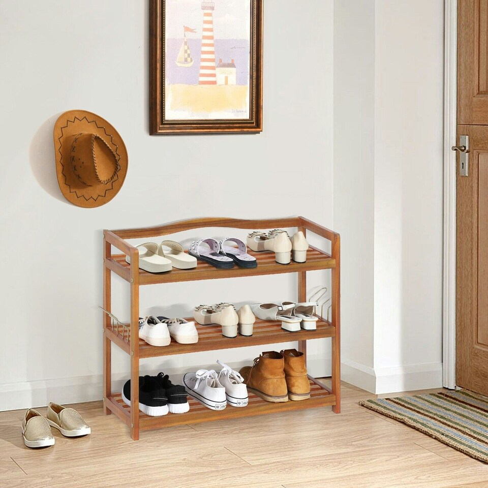 image 1 of COSTWAY 3-Tier Wood Shoe Rack Solid Shoe Storage Shelf Brown