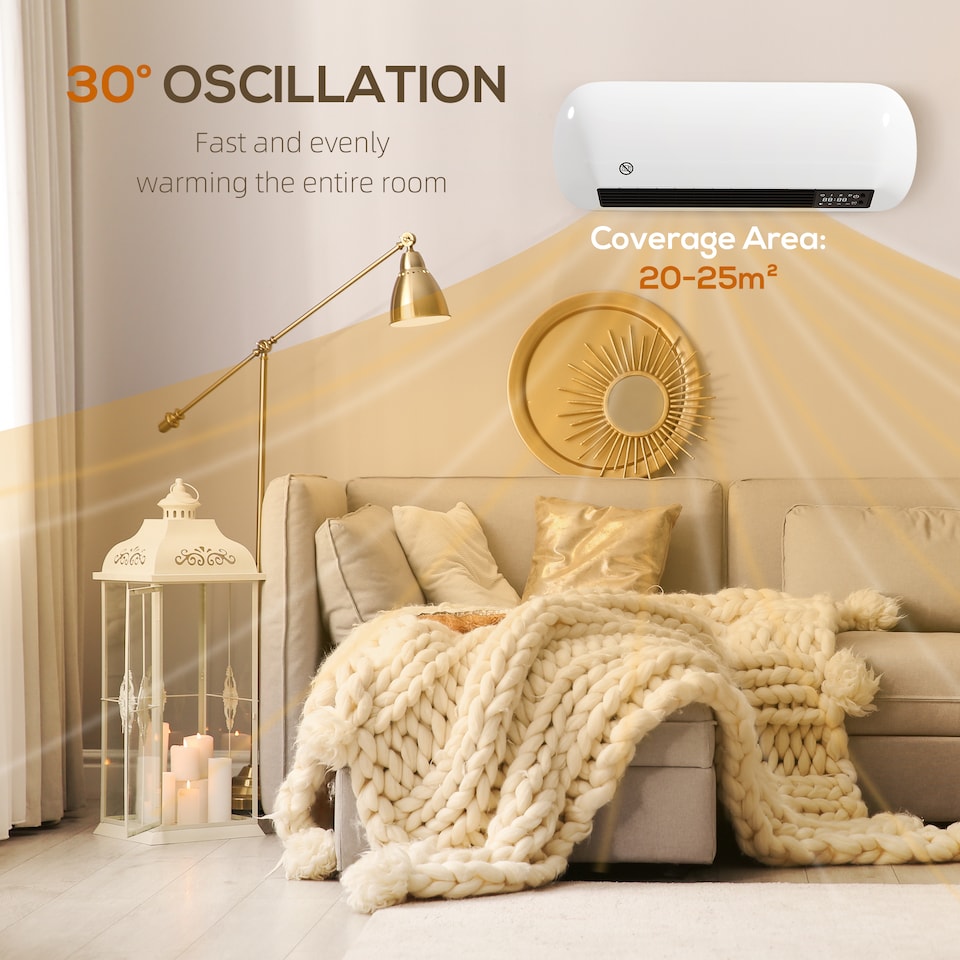 image 1 of HOMCOM Ceramic Electric Heater 2000W with Fan, Wall Mounted, White | White