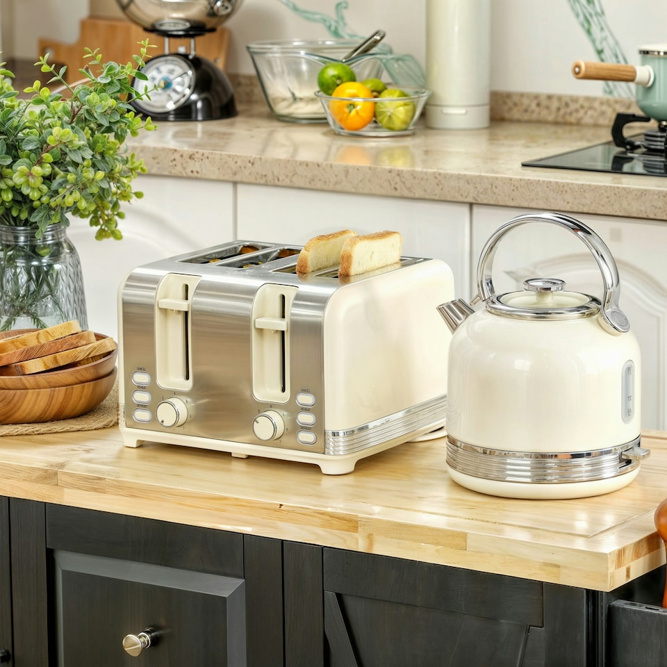 image 1 of HOMCOM 1.7L 3000W Fast Boil Electric Kettle and 4 Slice Toaster Set, Cream