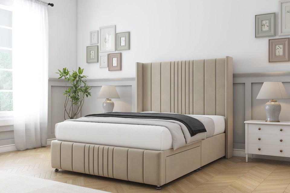 image 1 of Sloomy Hargrave Almond Coniston Divan Bed Base 2 Drawers Foot-End With 54 Inch Wingback Headboard & 12 Inch Matching Footboard | Cream | Almond | Super King | 1