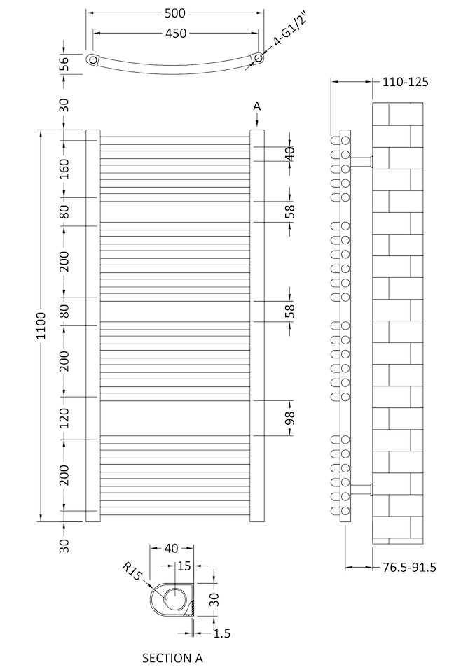 image 1 of Heated Vertical Towel Rail Curved Rails 1126 BTU Chrome 1100x 500mm | Silver | Chrome | 1