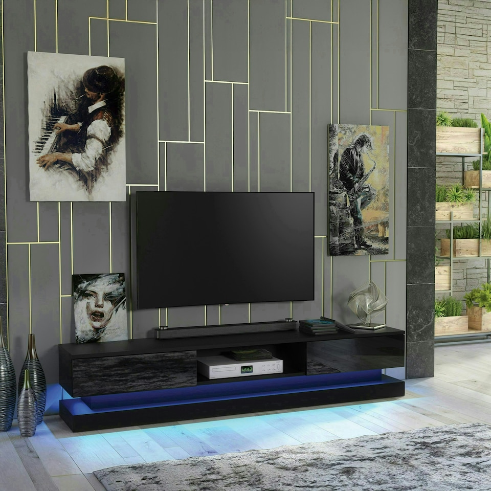 image 1 of TV Unit 180cm Black Gloss Fronts Black Matt Body with LED Platform Black