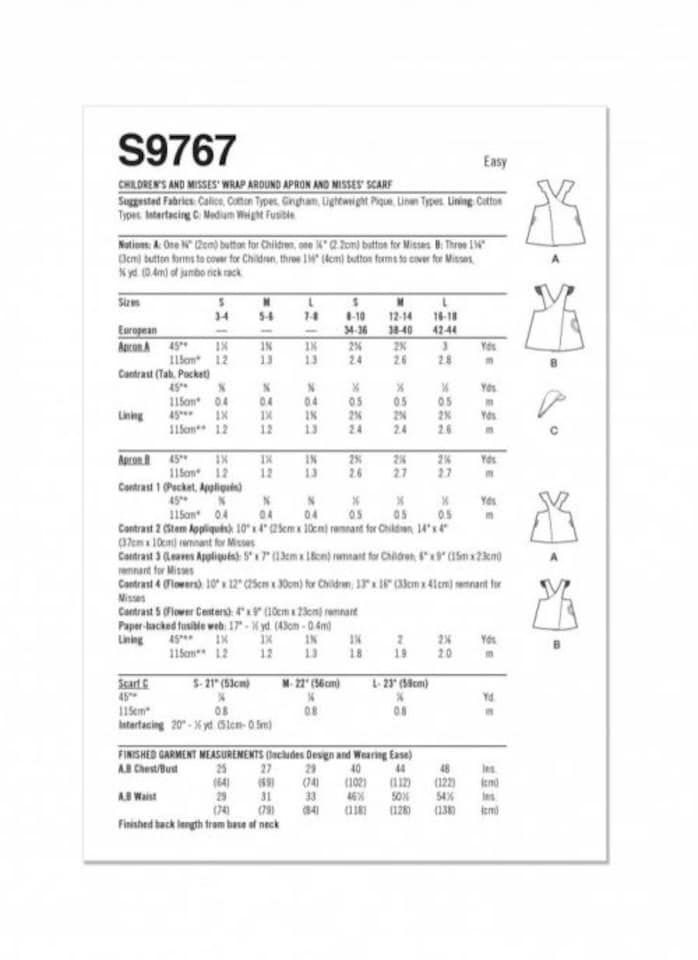 image 1 of Simplicity 9767 Paper Sewing Pattern – Children’s & Women’s Aprons & Headwear, Size A (S–L / S–L), Easy