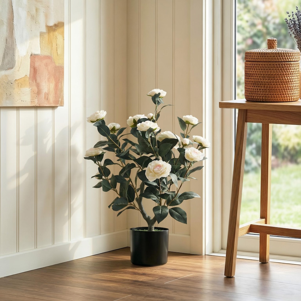 image 1 of HOMCOM 65cm Artificial Camellia Flower Plant with 116 Lush Leaves