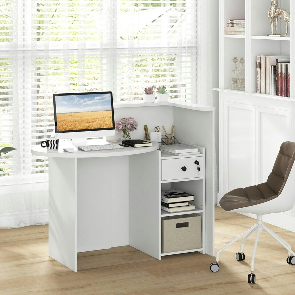 image 1 of COSTWAY Reception Desk with Lockable Drawer White & Black Black