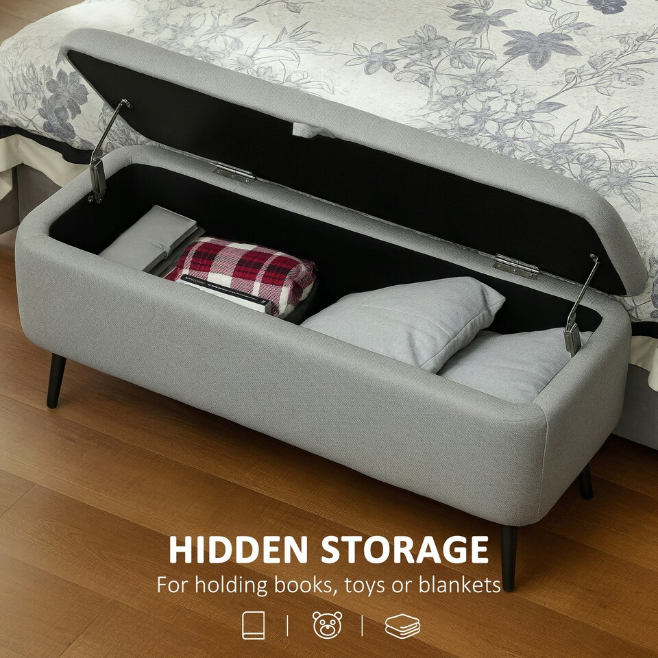 image 1 of HOMCOM Storage Ottoman Bench, Linen Fabric Footstool with Steel Legs Grey