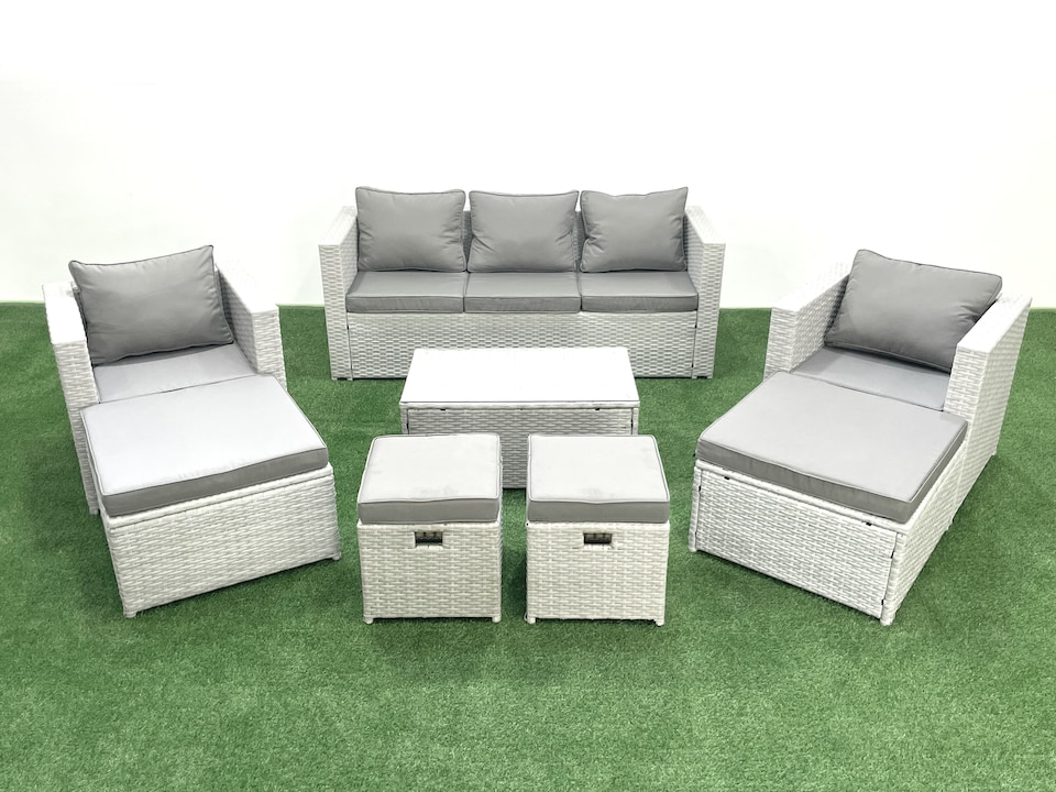 image 1 of Fimous 8 Pieces Rattan Garden Furniture Set Outdoor Garden Sofa Chair Coffee Table Set with 4 Footstools Light Grey Mixed