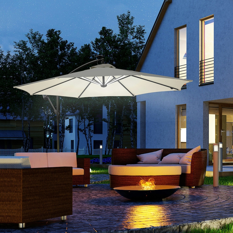 image 1 of Outsunny 3(m) LED Patio Banana Umbrella Cantilever Parasol w/ Crank, Off-White