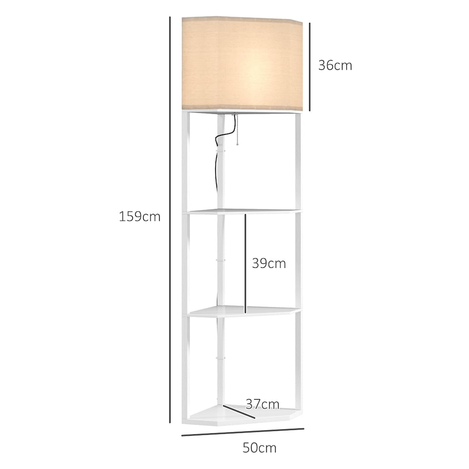 image 1 of HOMCOM Corner Floor Lamp with Shelves, Modern Tall Standing Lamp with Chain Switch for Living Room, Bedroom, Bulb Not Included, White