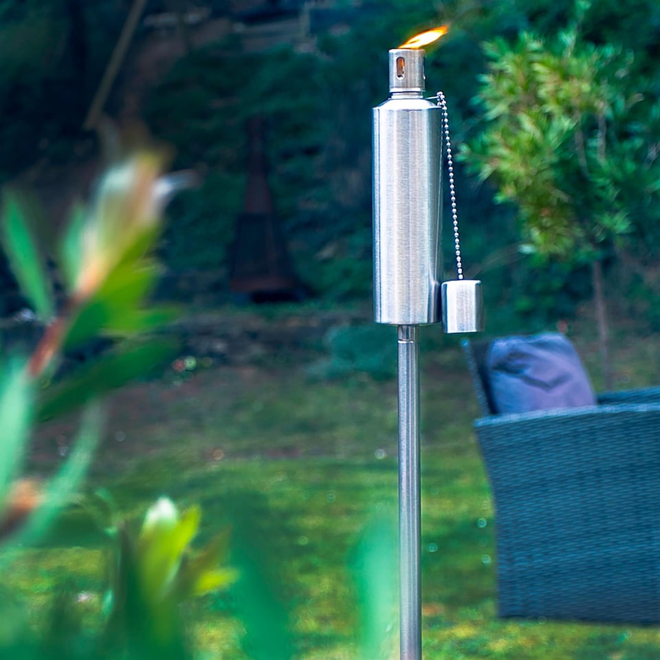 image 1 of Harbour Housewares 146cm Metal Garden Torches - Cylinder - Outdoor Lighting Oil Fuel Lamp Candle Flame Lantern | Silver | Silver | 2