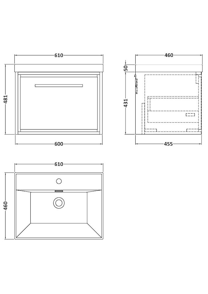 image 1 of Bathroom 1 Soft Close Drawer Wall Hung Vanity Unit Basin, Grey, 600mm | Grey | Pebble Grey | 481 x 610 x 460mm | 1