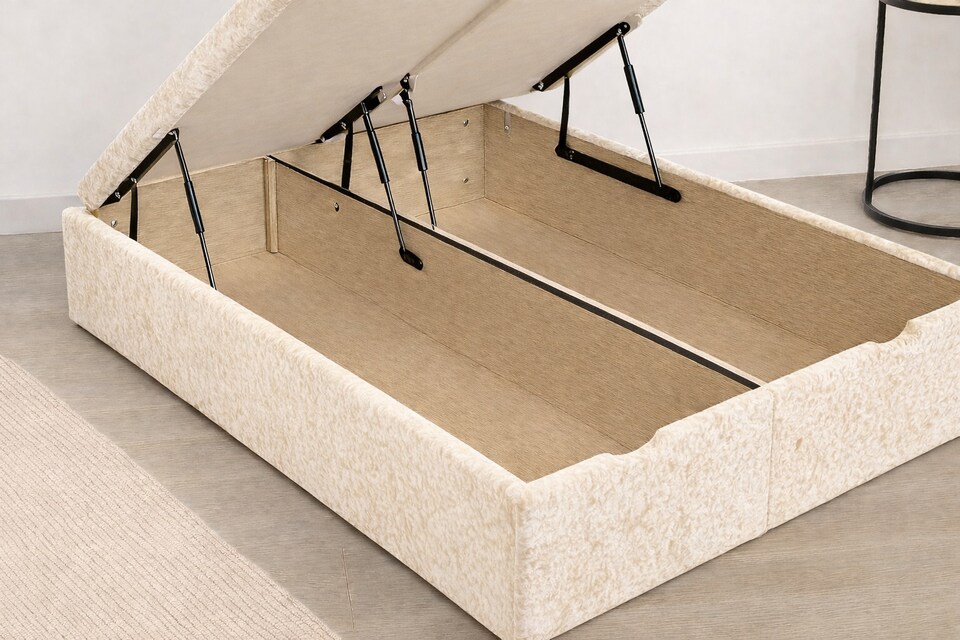 image 1 of Ottoman End Open Cream Crush Velvet 3ft Single Bed Set Headboard and Mattress