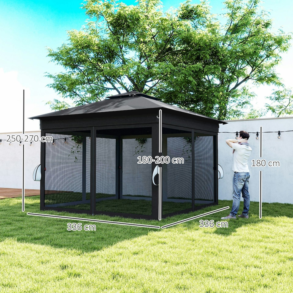 image 1 of Outsunny 3x3(m) Pop Up Gazebo w/ Solar-Powered LED Lights Netting Black
