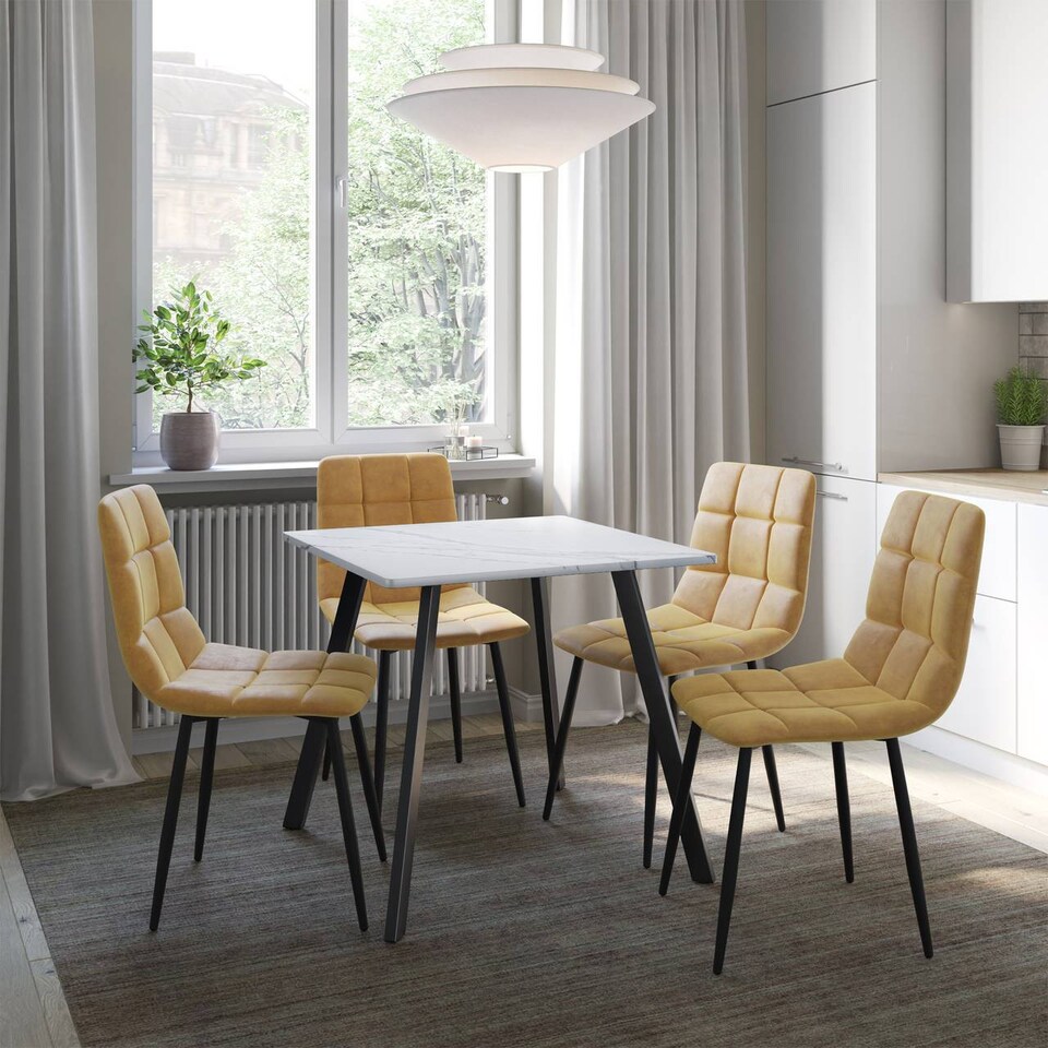 image 1 of 5-Piece Dining Set - 80cm Square Table and 4 Upholstered Velvet Chairs with Metal Legs | White | White Marble & Curly Yellow | 5