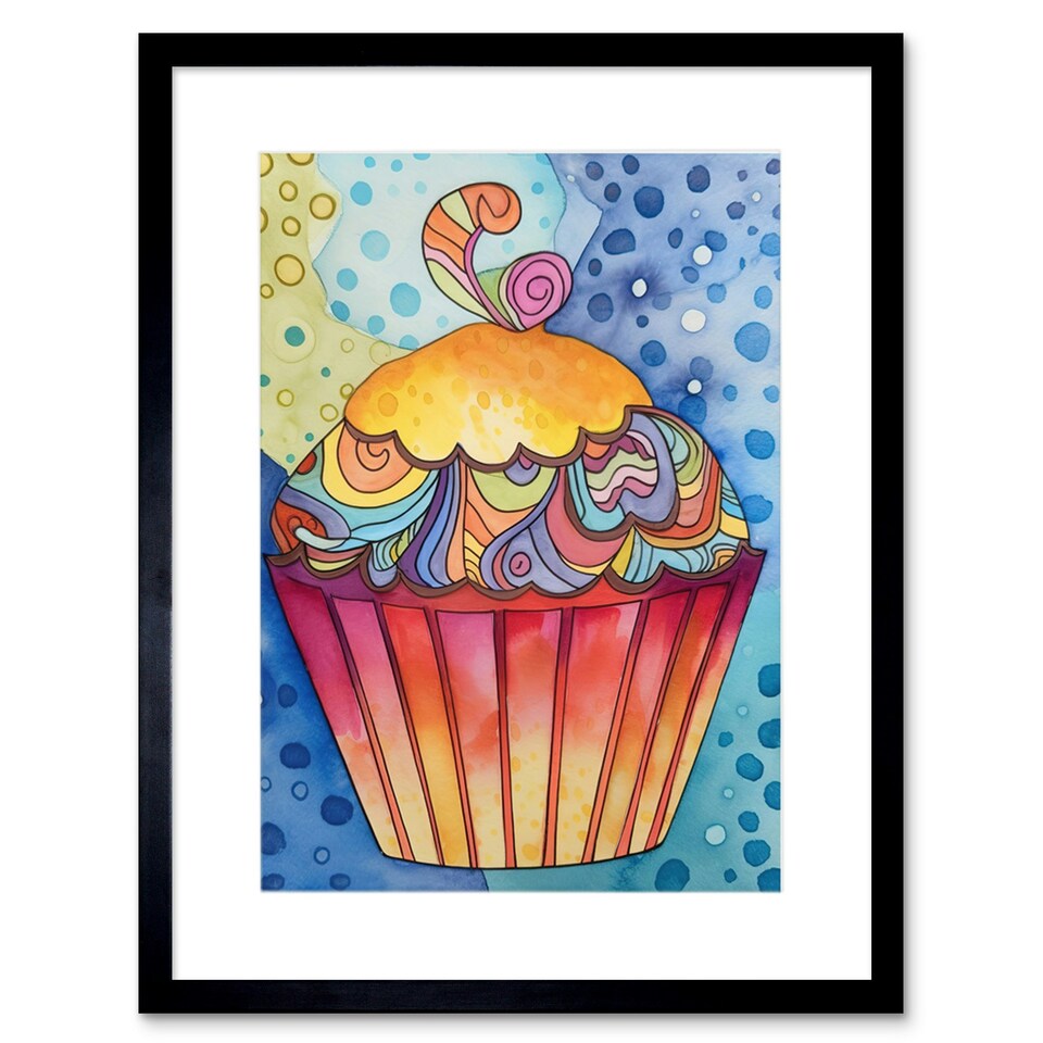 image 1 of Cupcake Colourful Frosting Folk Art Watercolour Kitchen 9x7" Black Framed Wall Art Print