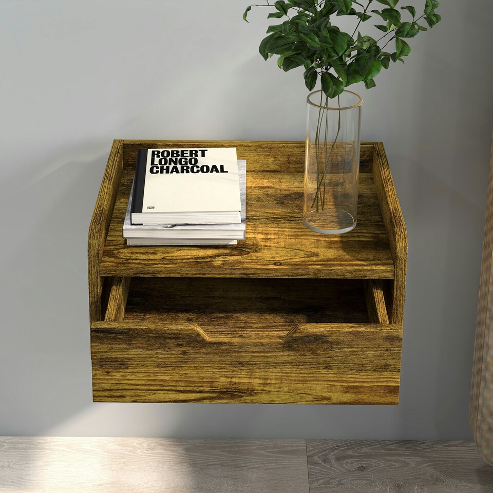 image 1 of HOMCOM Floating Nightstand Set of 2, Nightstand with Drawer, Rustic Brown