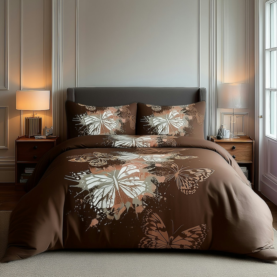 image 1 of Duvet Cover And Pillowcase Set Purple Pink Chocolate Butterfly Design Polycotton Bed Linen Brown | Brown | King