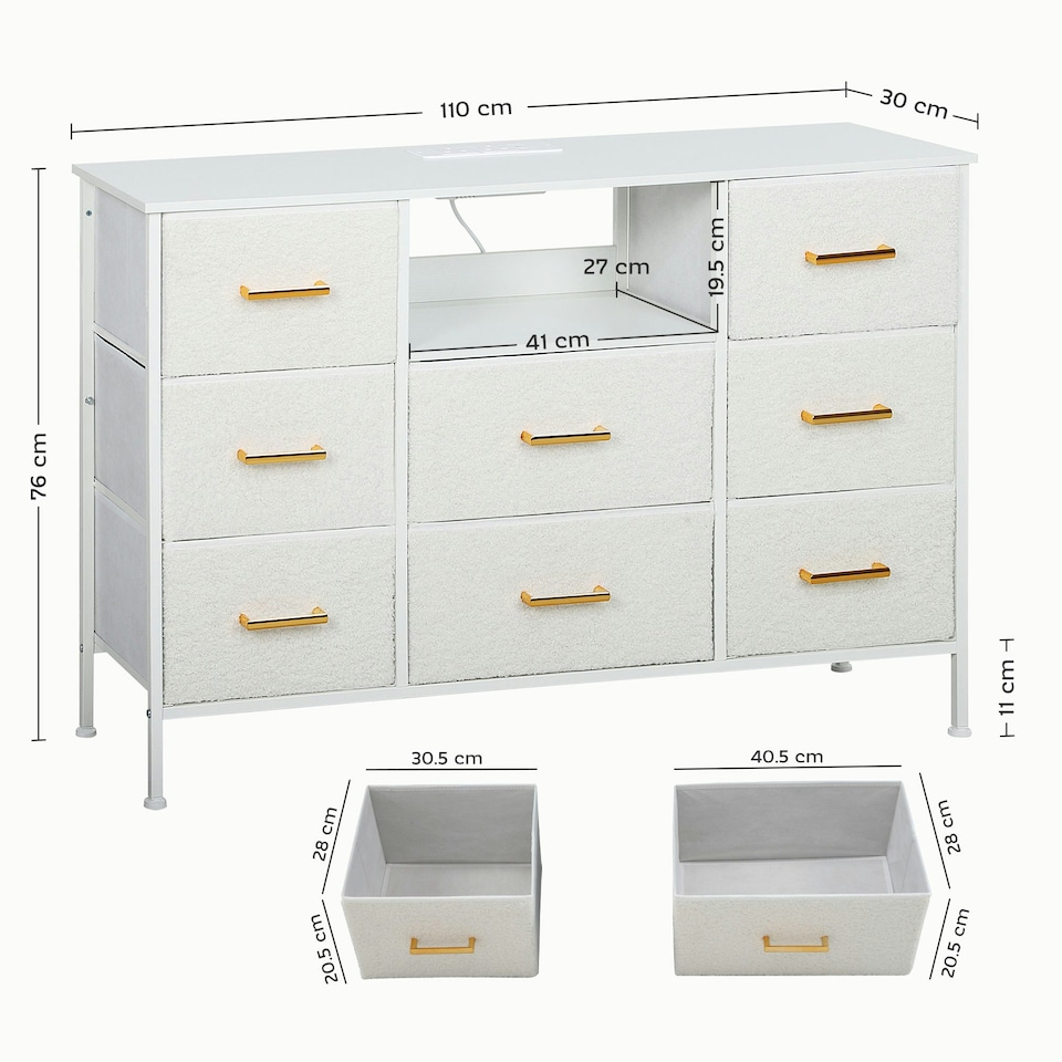 image 1 of HOMCOM Boucle Chest of Drawers, 2 USB & 2 AC Ports, 8 Drawers Dresser Cream