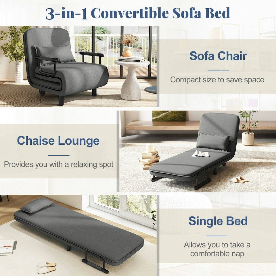 image 1 of COSTWAY 3-in-1 Convertible Sofa Bed Sleeper Chair Dark Grey Grey