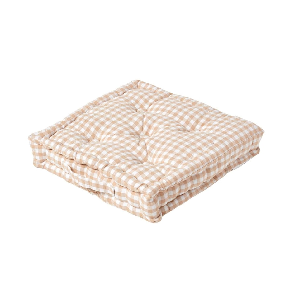image 1 of Homescapes Cotton Gingham Check Beige Floor Cushion - 40 x 40 cm | Cream | Beige | 40 x 40 cm