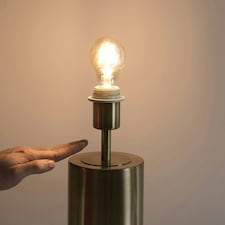 ValueLights Lexy Charcoal Grey Fabric Drum Shade with Antique Brass Dimmable Touch Table Lamp & LED Bulb