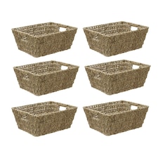 JVL Large Hand Woven Seagrass Rectangular Storage Basket, Capacity:14L, Set of 6 Brown