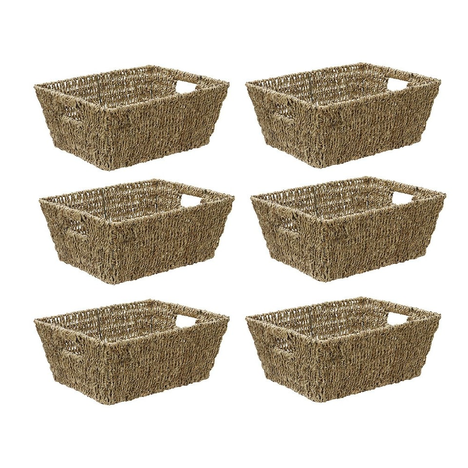 image 1 of JVL Large Hand Woven Seagrass Rectangular Storage Basket, Capacity:14L, Set of 6 Brown