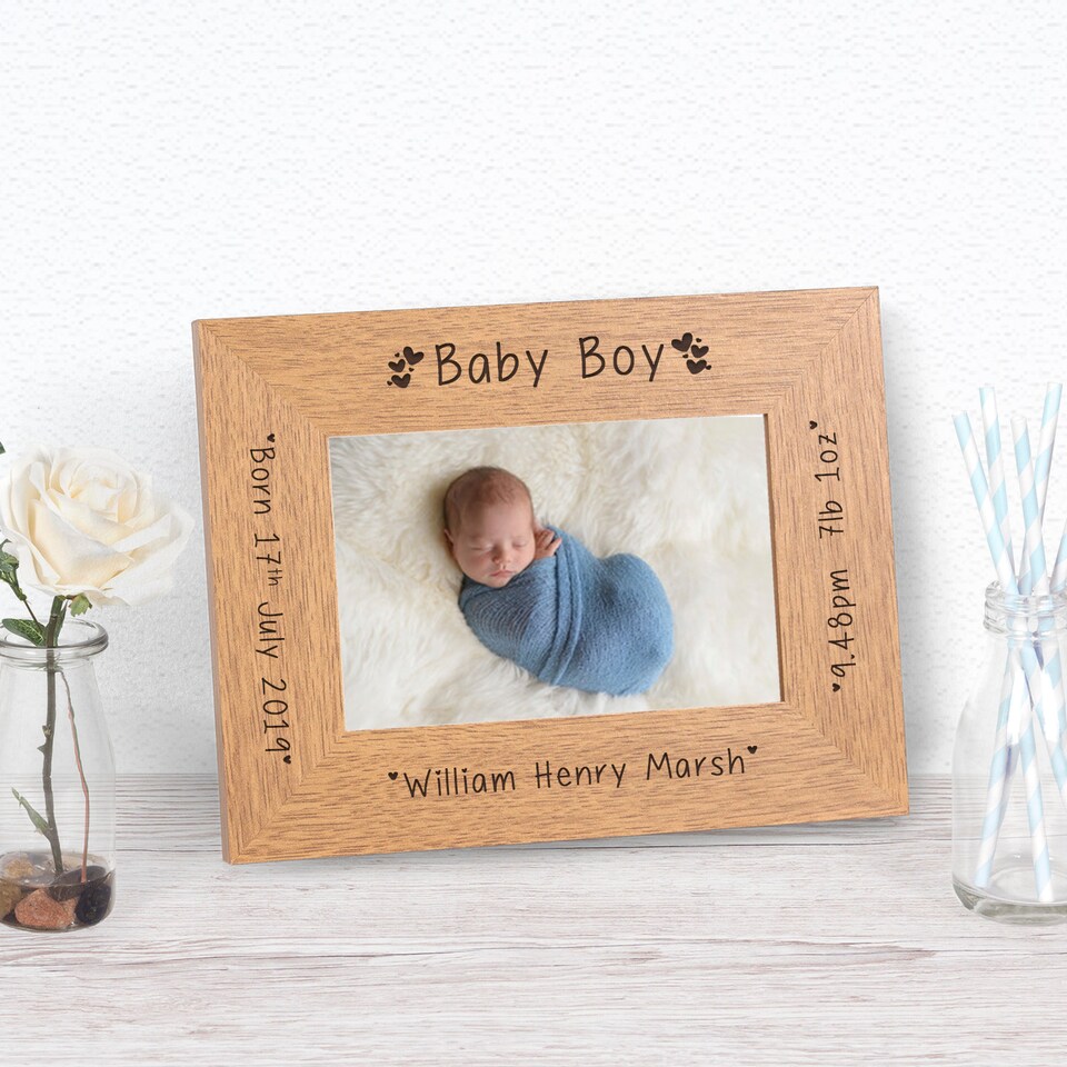 image 1 of Personalised New Baby Boy Wood Picture Frame 6 x 4 New Baby Gift