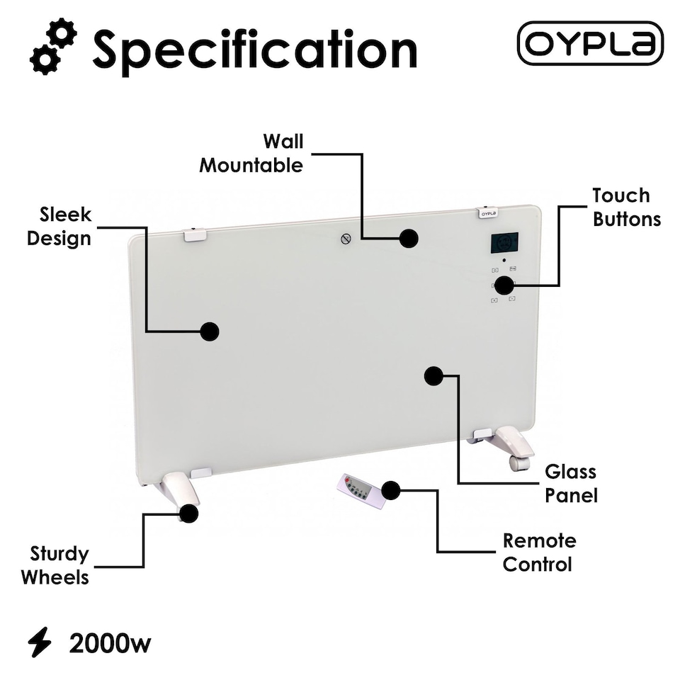 image 1 of 2000W White Glass Free Standing Electric Panel Convector Heater