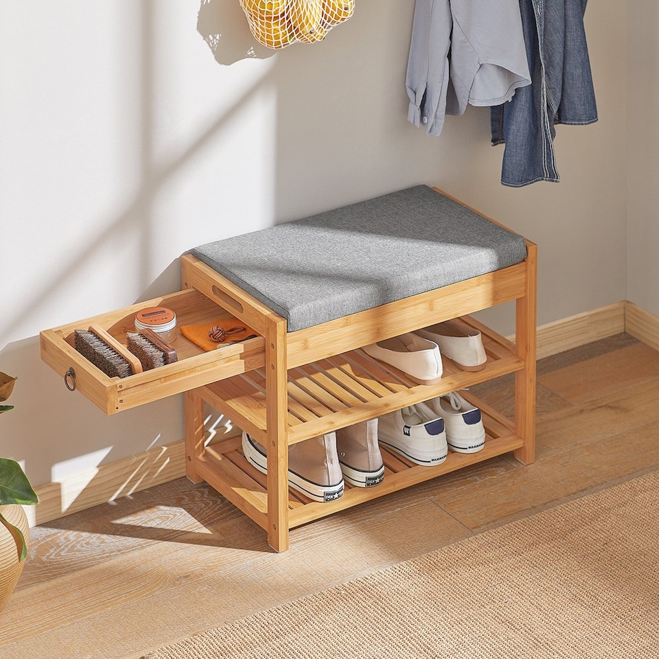 image 1 of SoBuy FSR49-N,Compact Bamboo Shoe Storage Bench with Cushion and Drawer