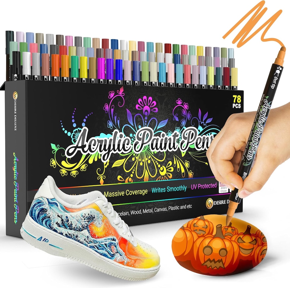 image 1 of Desire Deluxe Acrylic Paint Pens for Rock Painting, Stone, Ceramic, Glass, Wood, Canvas – Set of 78 Non Toxic Water Based Markers - Great Artists Painting Supplies