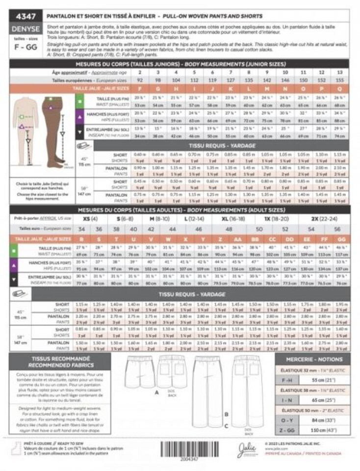 image 1 of Jalie 4347 Denyse Pull On Pants & Shorts Paper Sewing Pattern – Children’s, Teenagers’ & Women’s Trousers & Shorts, 28 Sizes, Intermediate