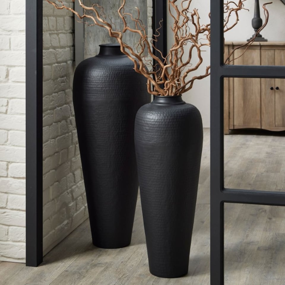image 1 of Large Hammered Vase with Lid - Metal - L40 x W40 x H103 cm - Matt Black | Black