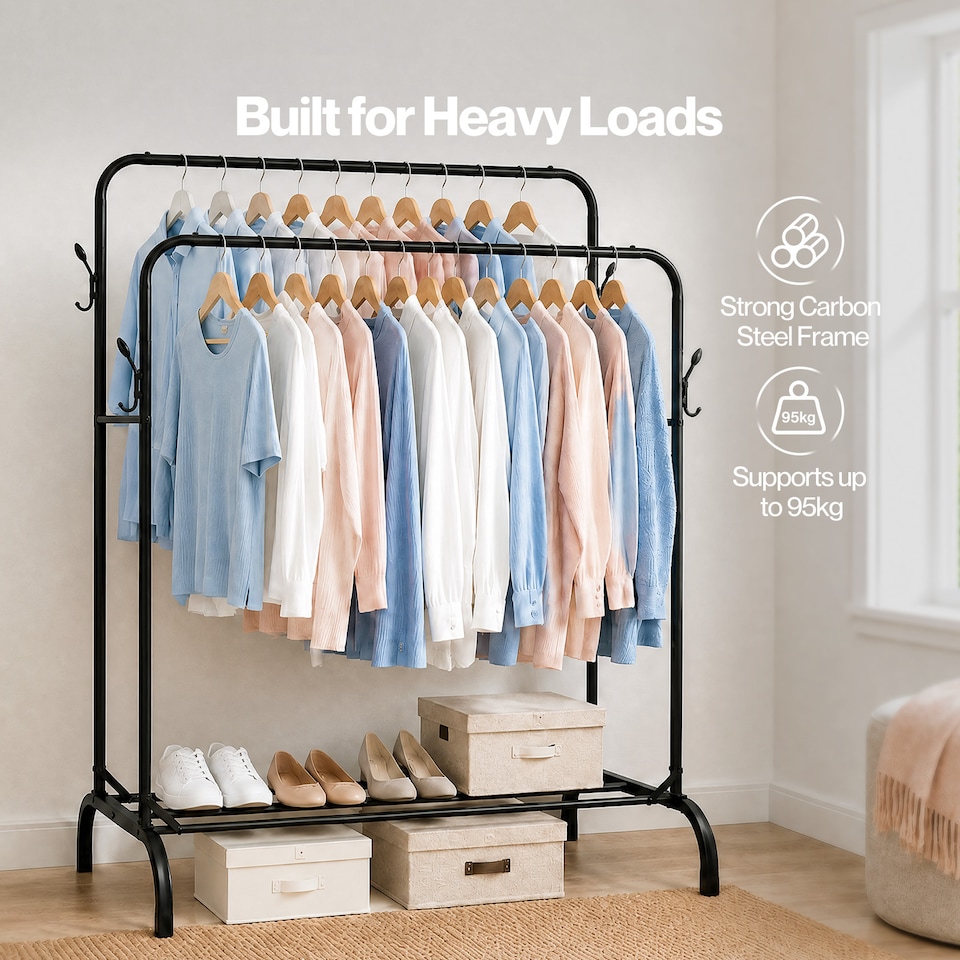 image 1 of Levede Clothes Rail Heavy Duty 2 Rods Carbon Steel Rack with Shelf Bedroom Black