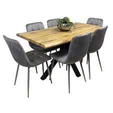 Wooden Dining Table with 6 Grey Velvet Chairs, Stylish Dining Room Furniture