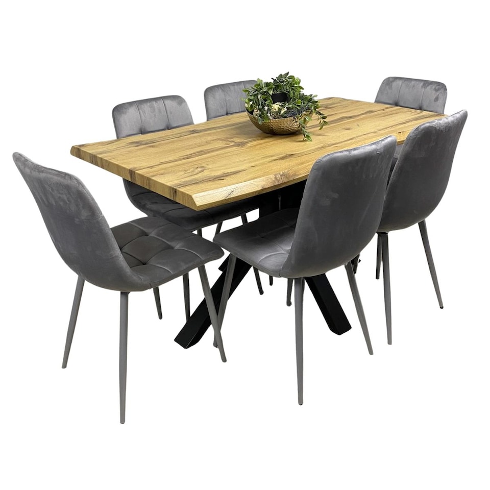 image 1 of Wooden Dining Table with 6 Grey Velvet Chairs, Stylish Dining Room Furniture